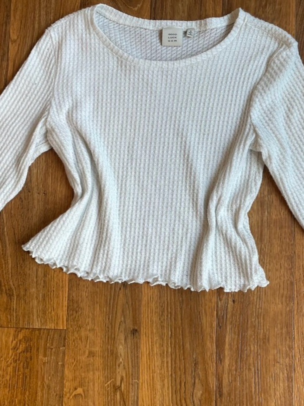 Good Luck Gem Cream Waffle-Knit Long Sleeve Scoop Top